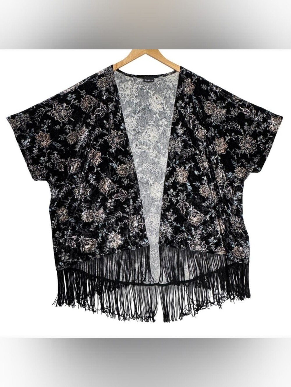 Torrid Black Velvet Burnout Floral Fringe Kimono Cardigan Size 3X